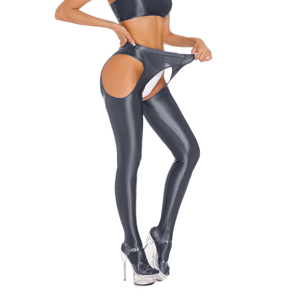 Sexy Satin Oil Shiny Pencil Pants Elastic Hollow Out Tight Sheer See Through Leggings Dance Candy Color Leotard Crotchless