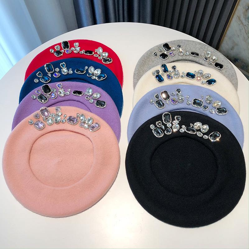 2026 Berets Women Hat Brimless Stretchy Comfortable Rhinestone Y2K Cap Autumn Female Flat Color Cotton