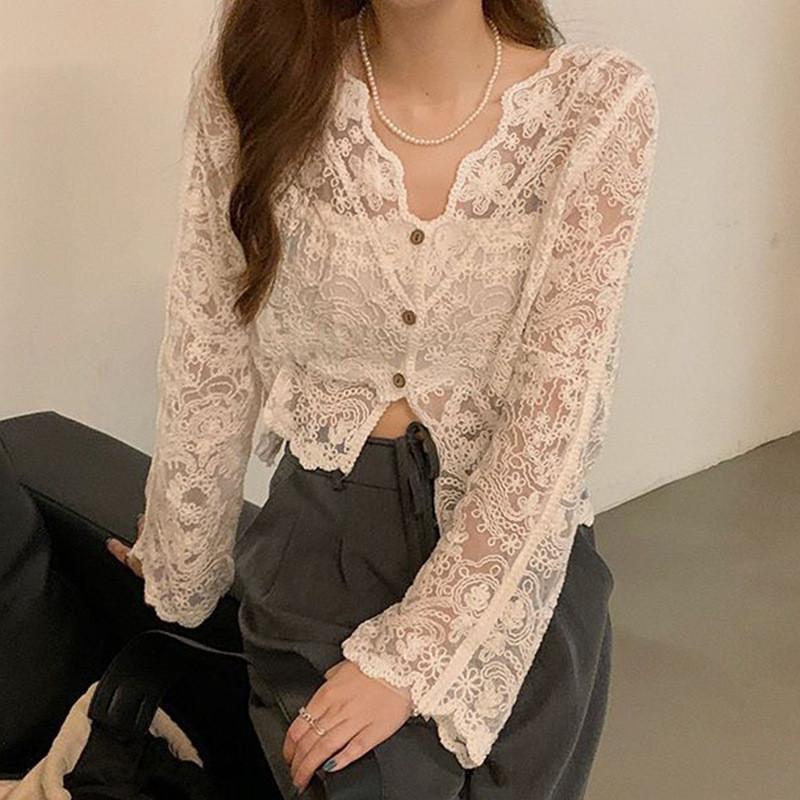 No Inner Wear French Style Lace Cardigan Women Summer New Arrival V Neck Elegant Slim Fit Sheer Outerwear Top With Flare Sleeves