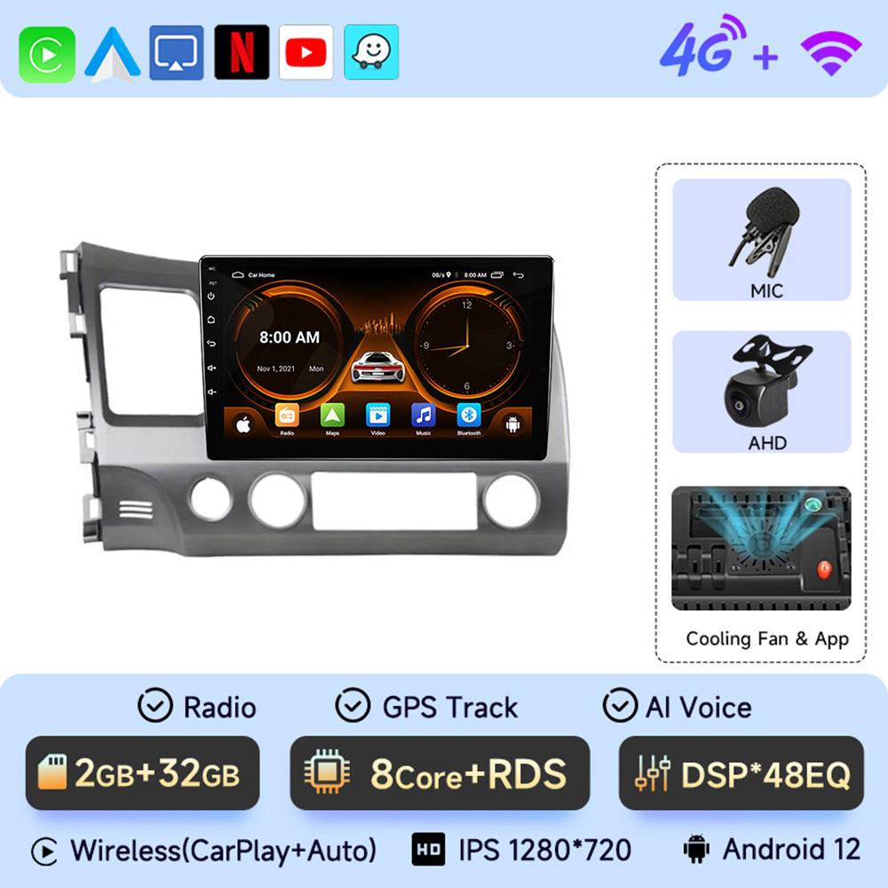 JIUYIN 10.1" Android 12 Carplay Car Stereo Radio for Honda Civic 8 2005 - 2012 Multimedia Player Navigation GPS 2 Din 4G Audio