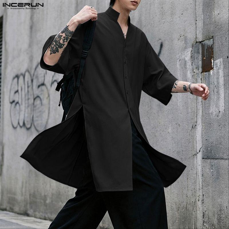 INCERUN Summer Men Stand V Neck Short Sleeve Splits Casual Long Shirts