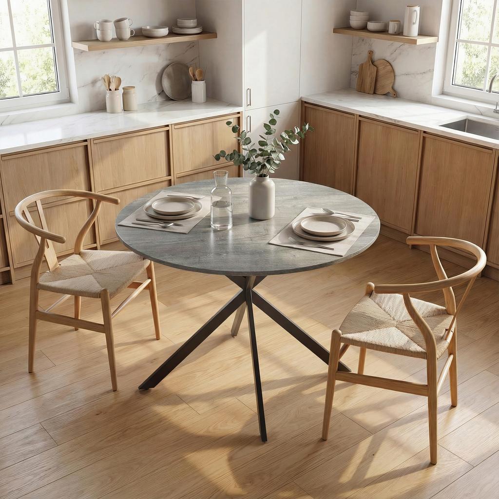 Round Dining Table for 4 People, Industrial-Style Kitchen Table with Steel Legs, for Dining Room, Kitchen, Grey