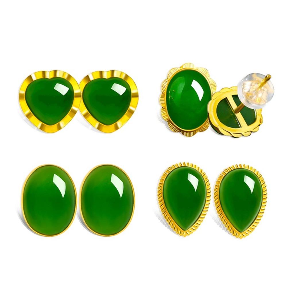 Vintage Gold Plated Jasper Stud Earrings Women White Jade Gold Agate Inlaid Elegant Dainty Jewelry Gift