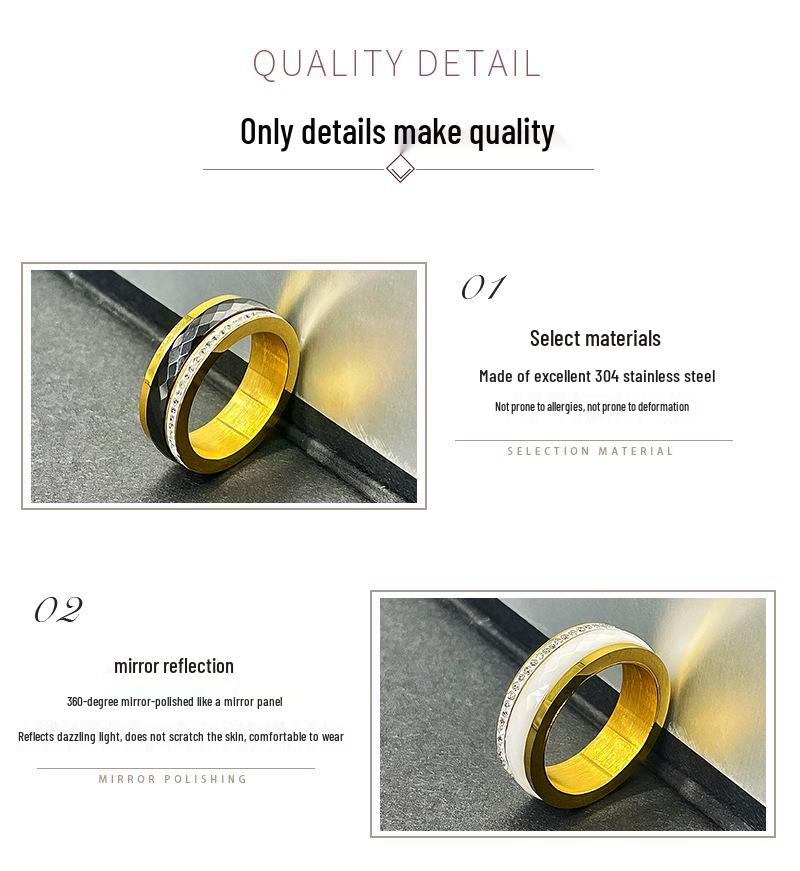 European-American Inlaid Diamond Black Ceramic Couple Ring: Rotatable Stainless Steel