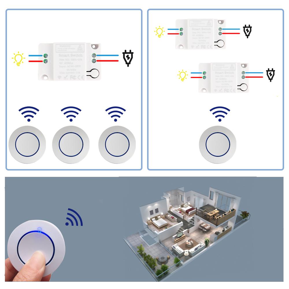 Interruptor de Controle Remoto RF Sem Fio 433MHz AC 110V 220V 10A Relé Receptor e Transmissor de Botão Redondo para Luz Lâmpada Ventilador LIGA/DESLIGA