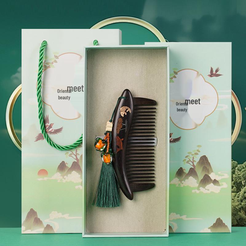 Fioletowe drzewo sandałowe Rzeźbiony drewniany grzebień Pudełko prezentowe - Wysokiej klasy prezent na ślub i Dzień Matki