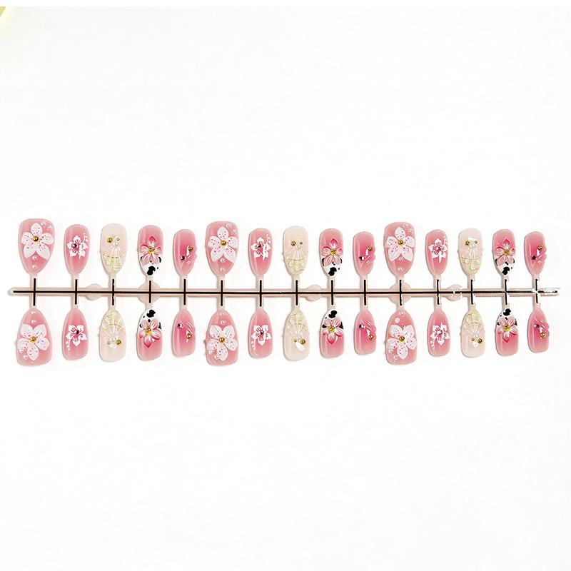 European & American Almond Shape 3D Pink Flower False Nails with Stickers