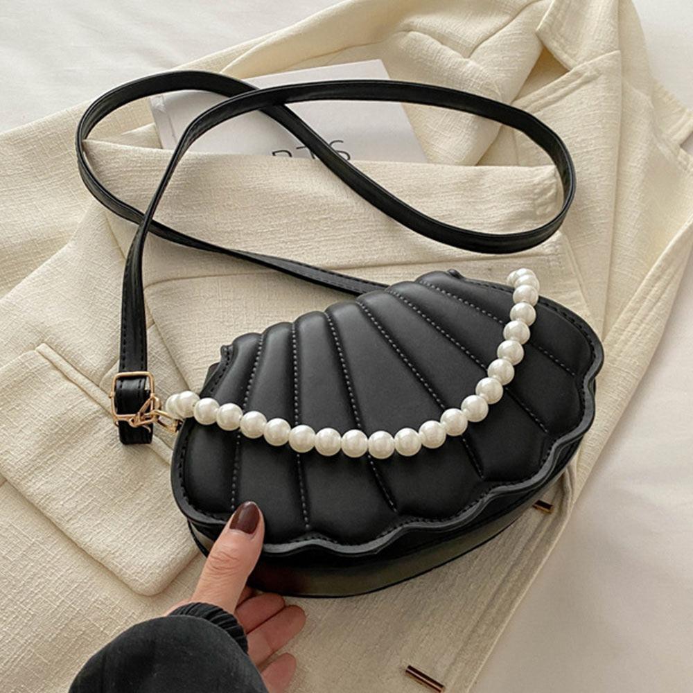 

Stylish Cute Shell Shoulder Bag Minimalist PU Leather Crossbody Bag with Pearls Design Purse Bag for Women Girls чорний
