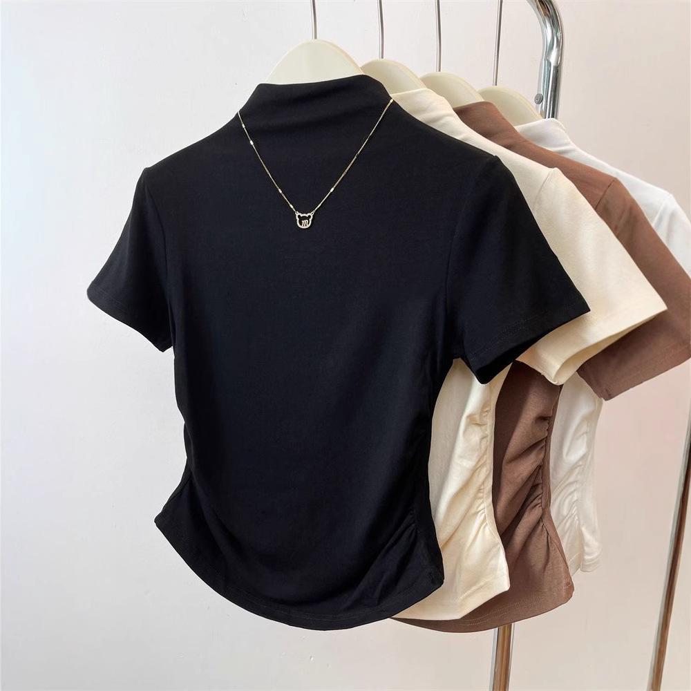 

Women s Slim Fit Short Sleeve High Neck Pleated Top for Summer 2025 Small