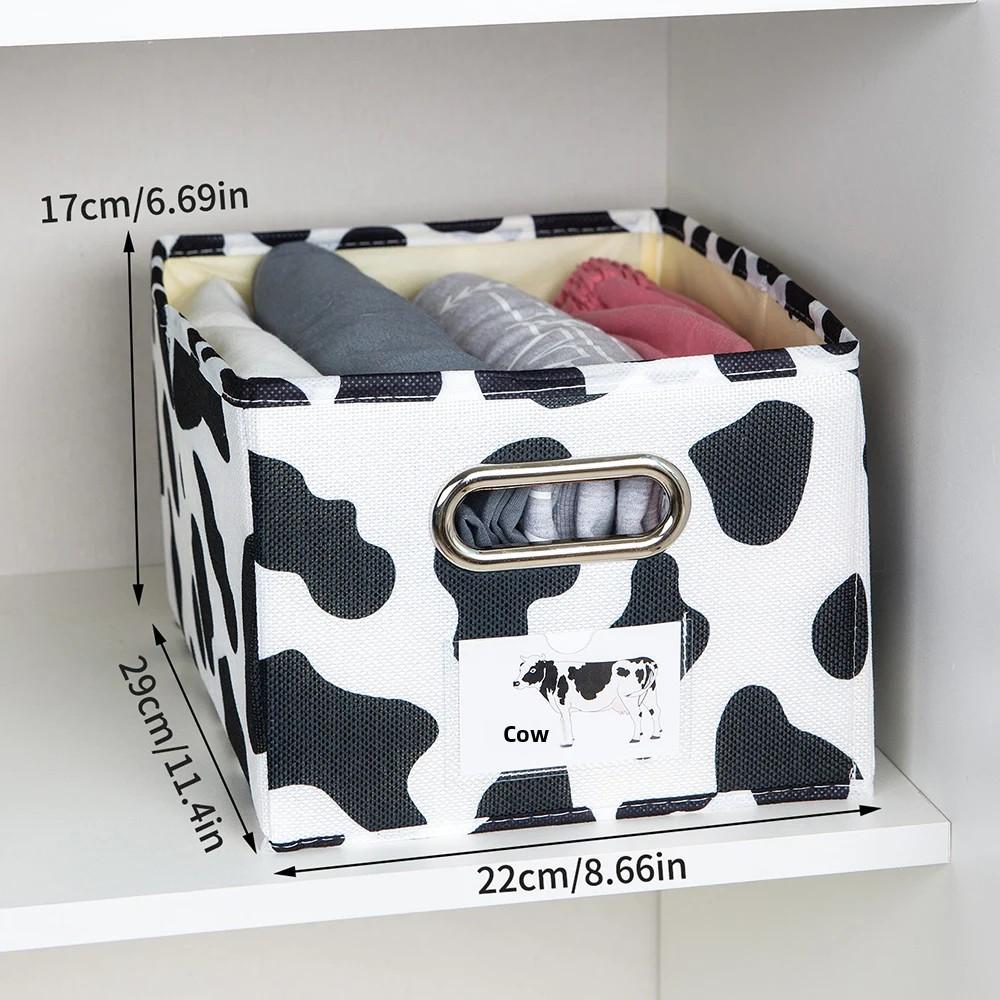 1PC Cotton and Linen Uncovered Drawer Style Storage Box, Black and White Cow Printed Clothing Storage Box