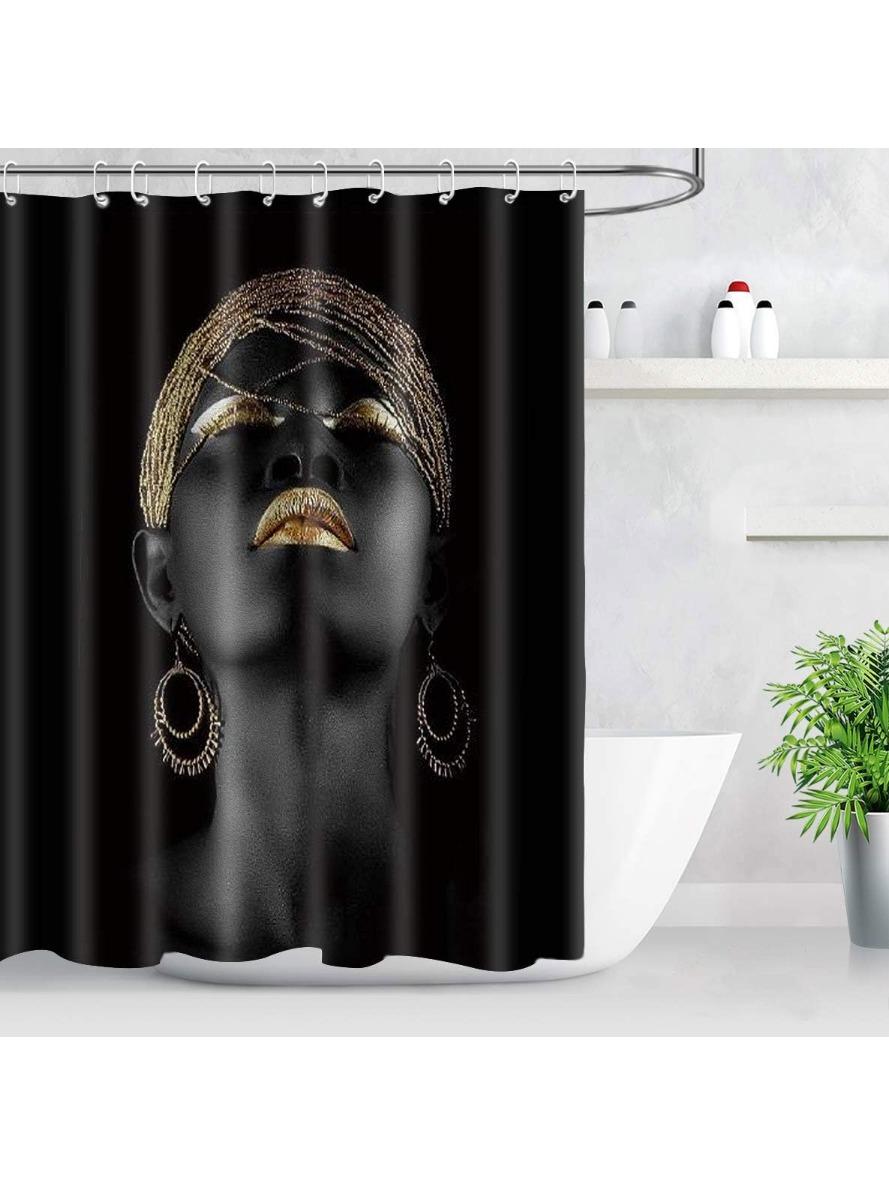 

African American Woman Shower Curtain, Afro Girl Girl Gold Black Art Fabric Shower Curtain With 10 Hooks, Washable Upgrade Bath W60H190(CM)-1 Pcs