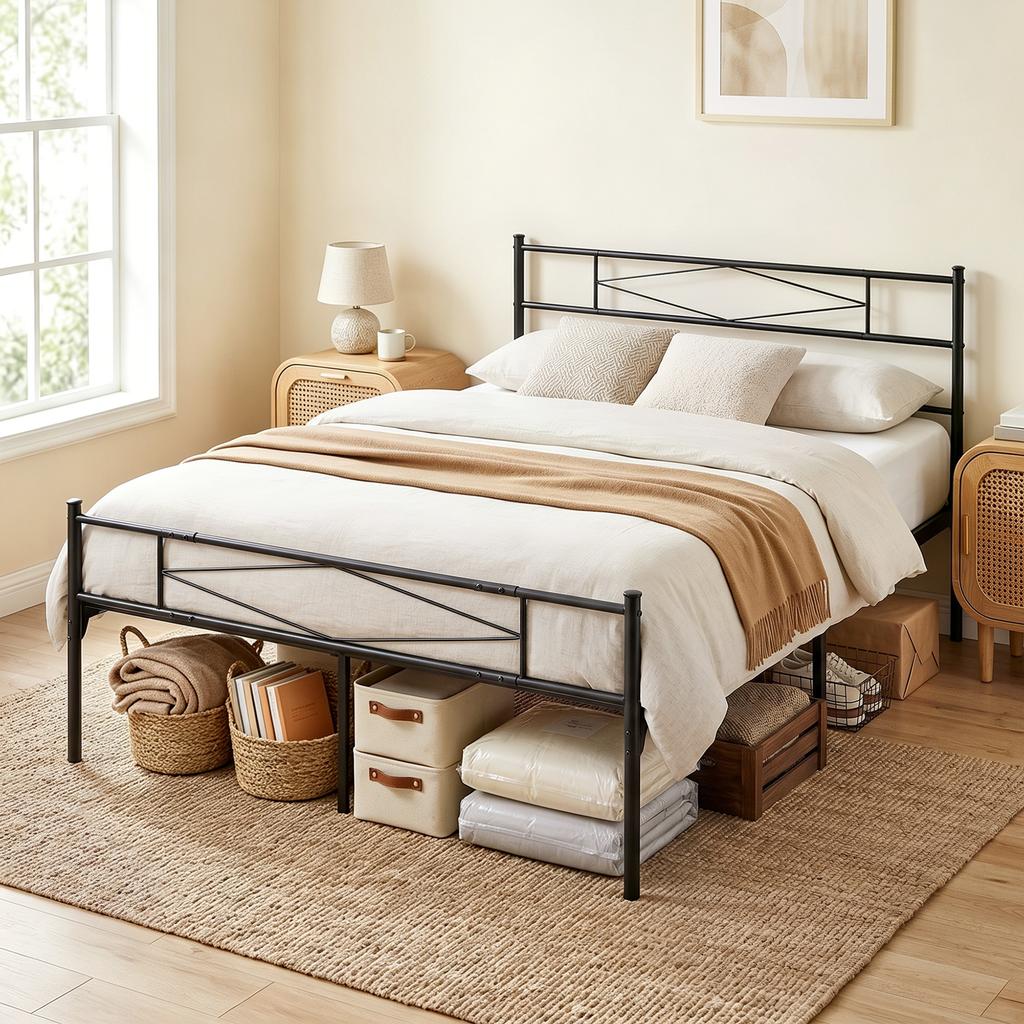 5ft King Bed Frame with Headboard and Footboard, Metal Platform Bed Frame with 32 Cm Underbed Storage, Black