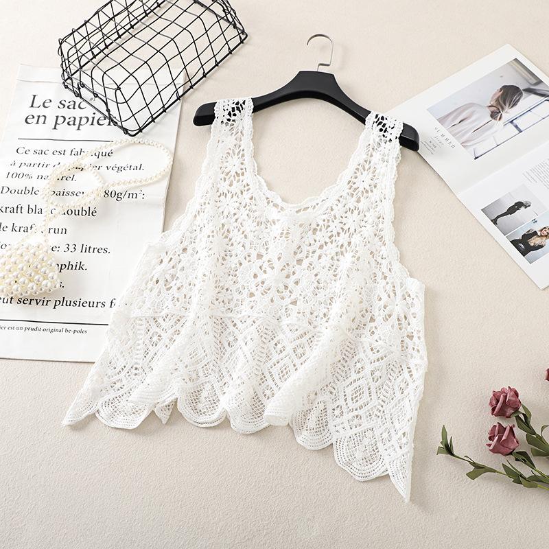Literary and Artistic Solid Color Three-dimensional Hook-up Embroidered Lace Small Vest Large Size Women's Sleeveless Round Neck Casual Outer