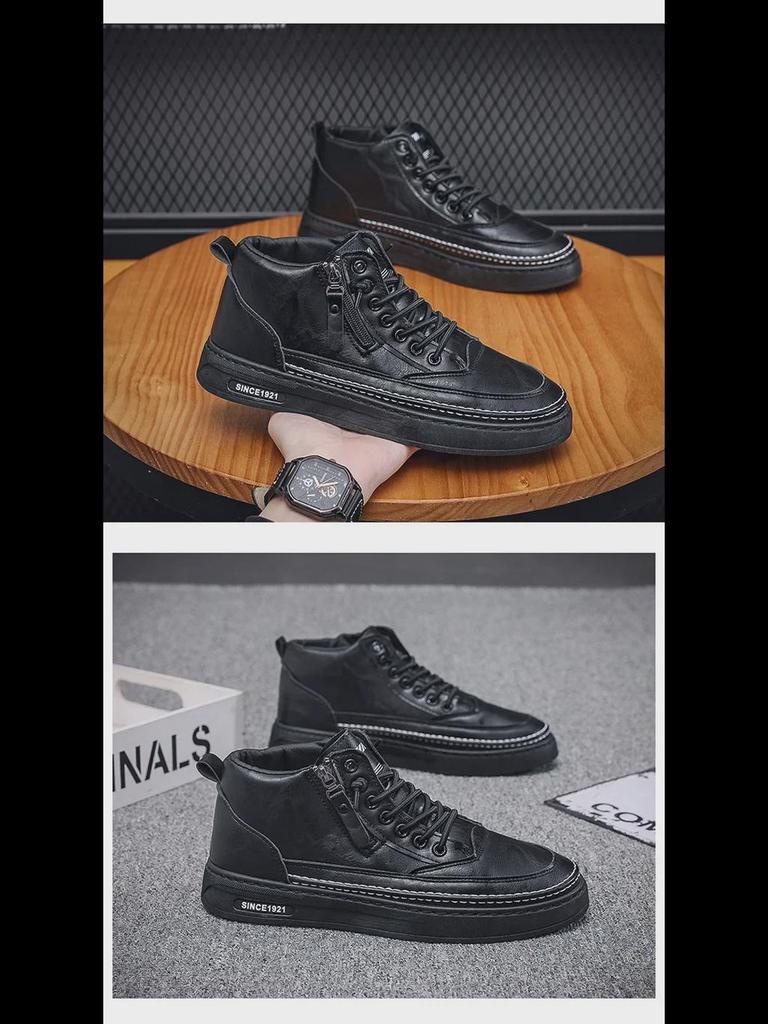 Botas Martin de cano alto de veludo de inverno masculinas - Sapatos casuais de couro com sola grossa e algodão quente da moda