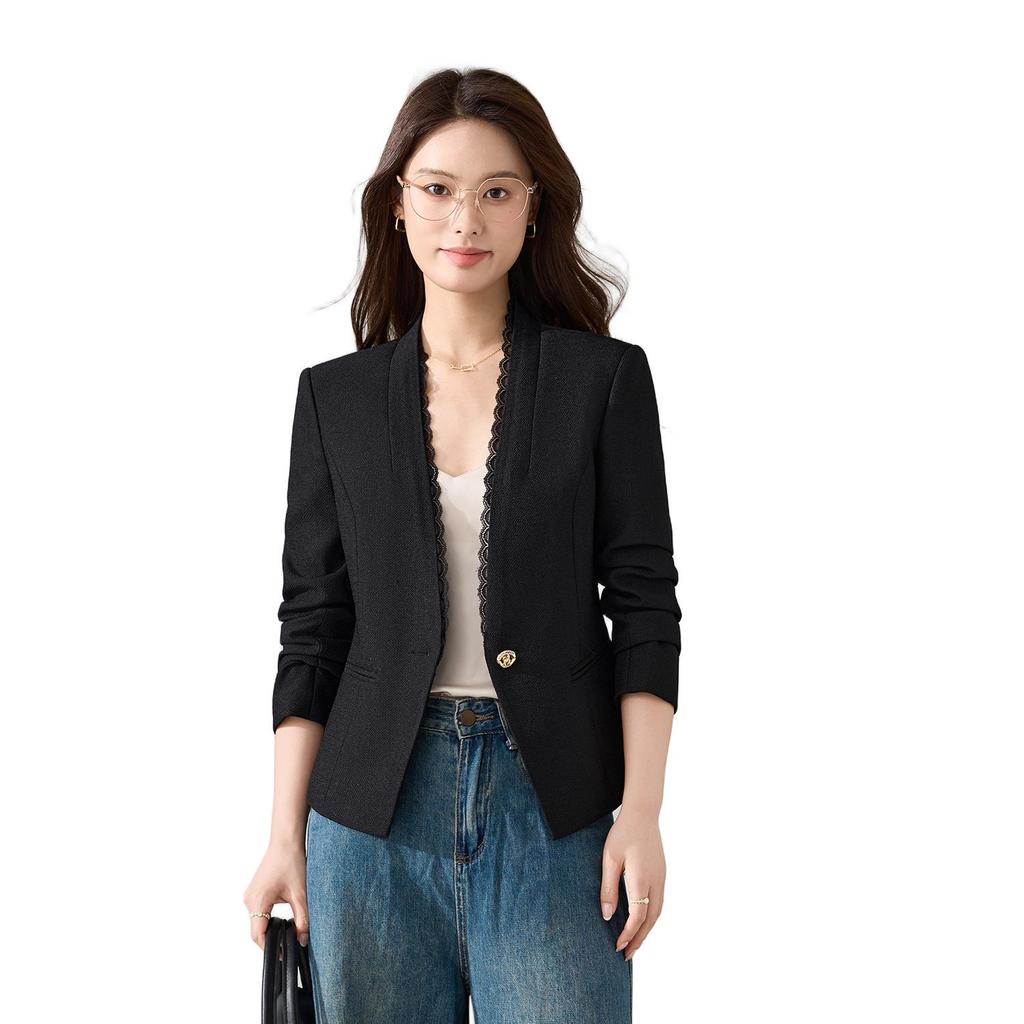 Women's White Lace Long Sleeve Blazer - Slim Fit, Short Style, Versatile for Autumn 2025