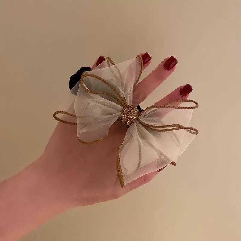 Mesh Bow Hair Tie with Czech Rhinestones, 2022 Ins Style Bun Accessory
