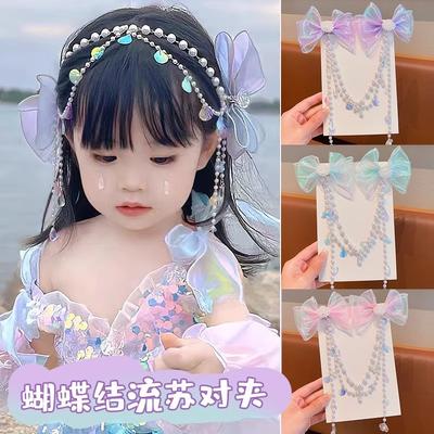 Pearl Headdress Children's Princess Fringed Hairpin Girls Mermaid Hair Accessories Forehead Chain Bow Hairpin