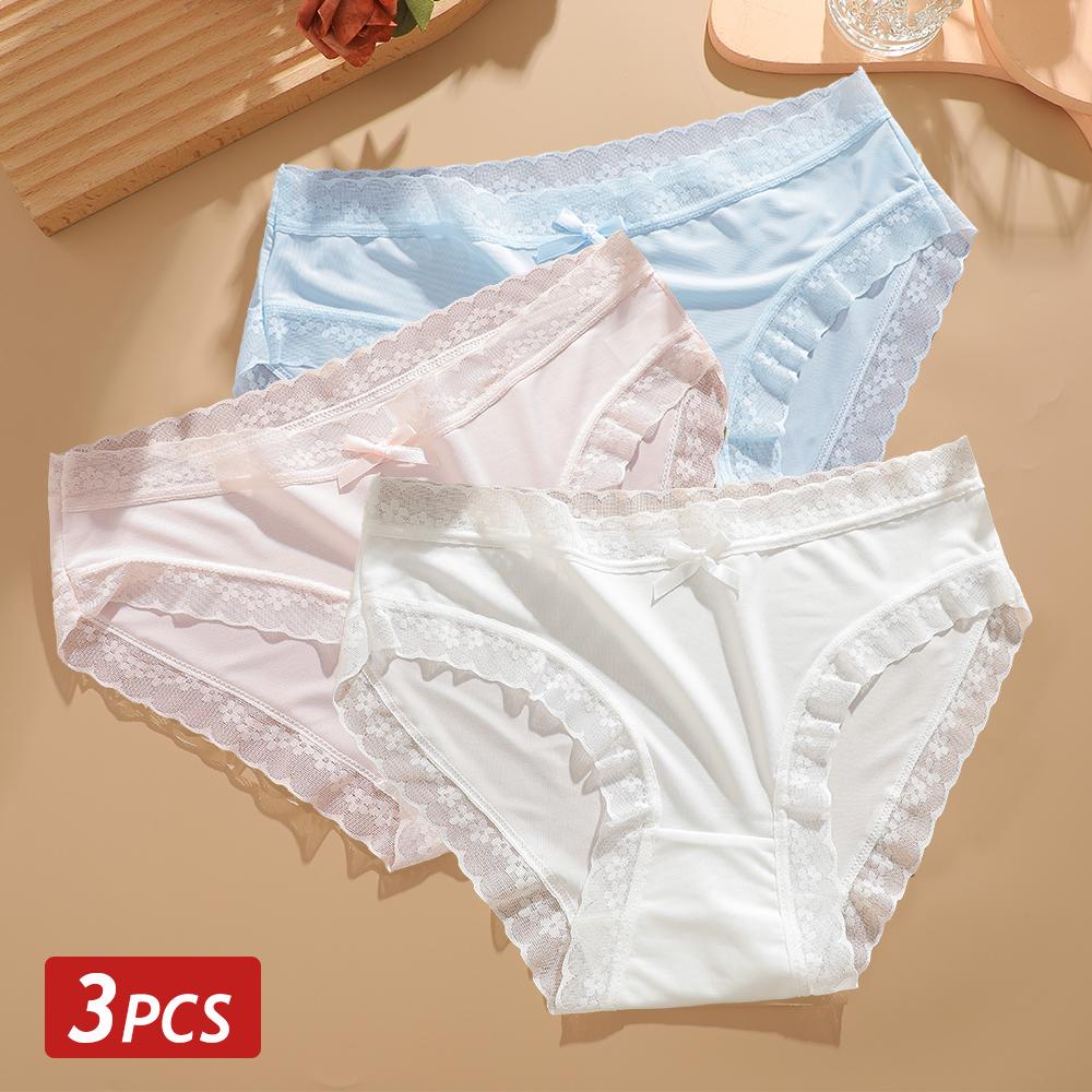 3PCS/Set Seamless Panties Ice Silk Lace Perspective Briefs Ultra Thin Breathable Underwear Cool Summer Female Sexy Lingerie