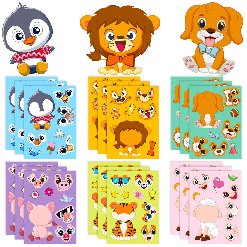 6 Bilder/Packung Kleine Tier Puzzle Aufkleber für die Früherziehung von Kindern Gesichtswechsel-Aufkleber für Babypuzzles