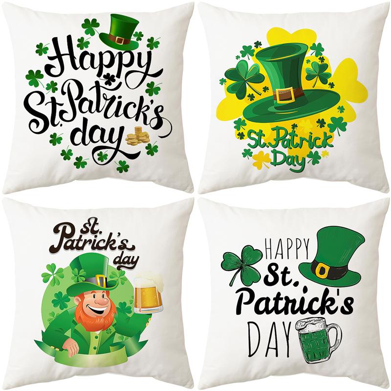 Irish National Day Cushion St. Patrick's Day Cushion Cover Green Cartoon Letters Four-Leaf Clover Sofa Cushion Cover