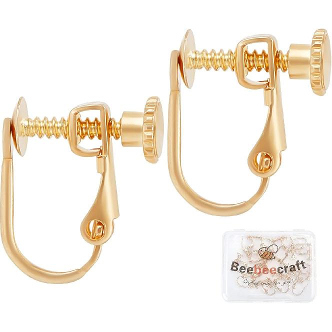 Beebeecraft 20Pcs/Box Clip-on Earring Findings 18K Gold Plated Brass Screw Back Ear Wire Non Pierced Earring Converter for Non-Pierced Earring