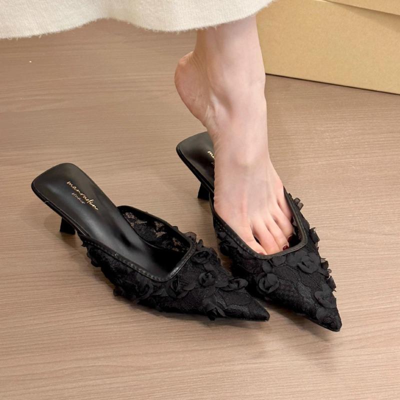 Womne's High Heel Slippers French Style Pointed High Heels Single Shoes Summer Women BaoTou Half-slippers Mules Slippers