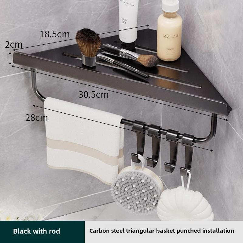 Summer Bathroom Triangle Drain Shelf, No Drilling Wall Mounted Cosmetic and Toiletries Hollow Carbon Steel Shelf with Hooks