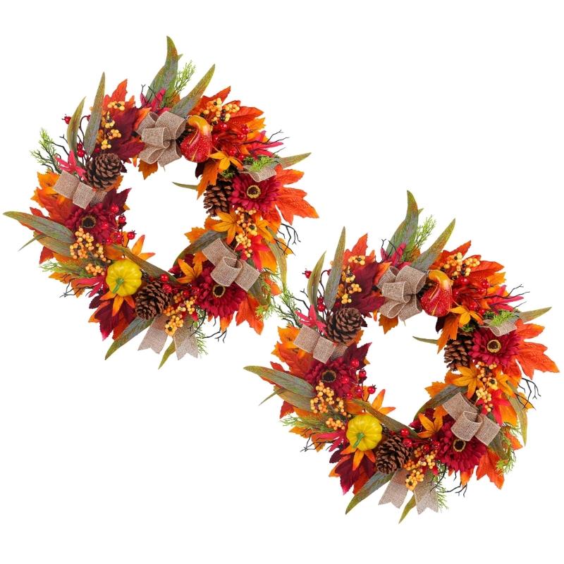Artificial Autumn Wreath for Front Door Farmhouses Garden, Harvest Wreath with Pumpkins Thanksgiving Party Decorations