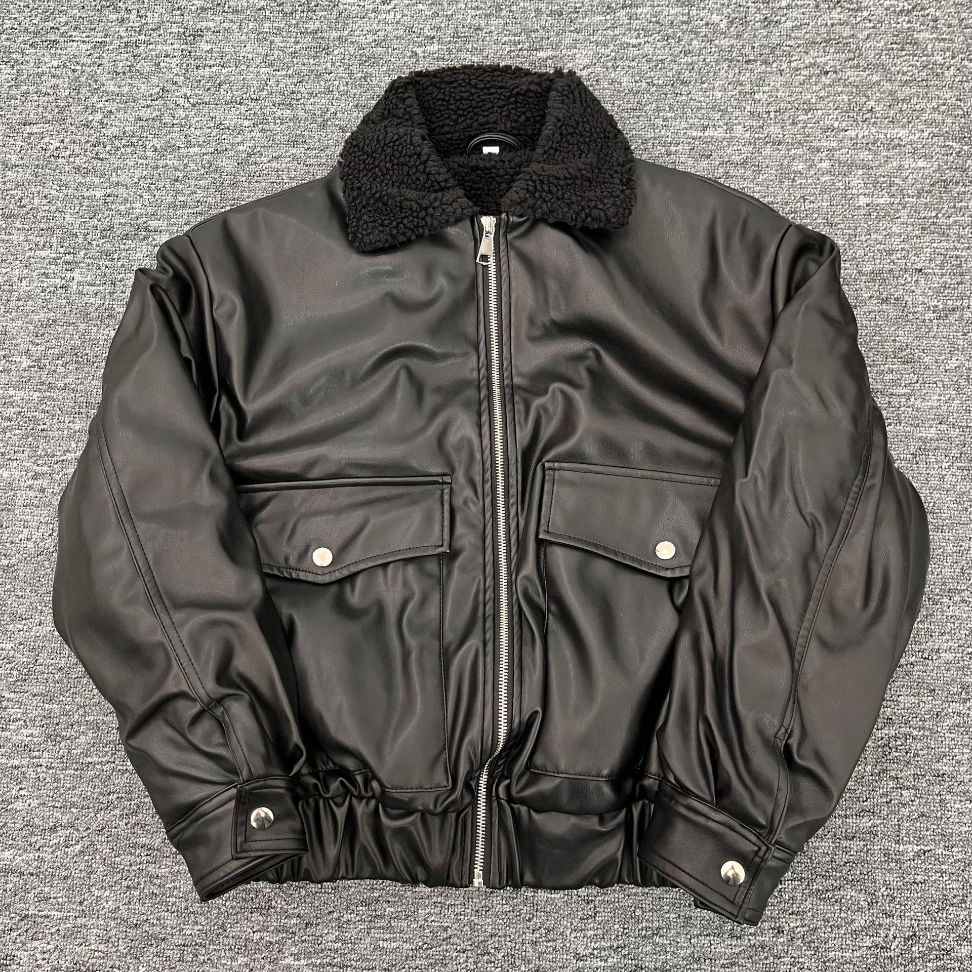 

2024 Autumn/Winter Women s Fleece Faux Leather Jacket with Turn-Down Collar and Elastic Hem L