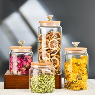 500/850/1250ml 1pcs Diamond Wood Lid Design Circular Glass Storage Jar for Spice Bean Candy Kitchen and Living Room Storage Jars