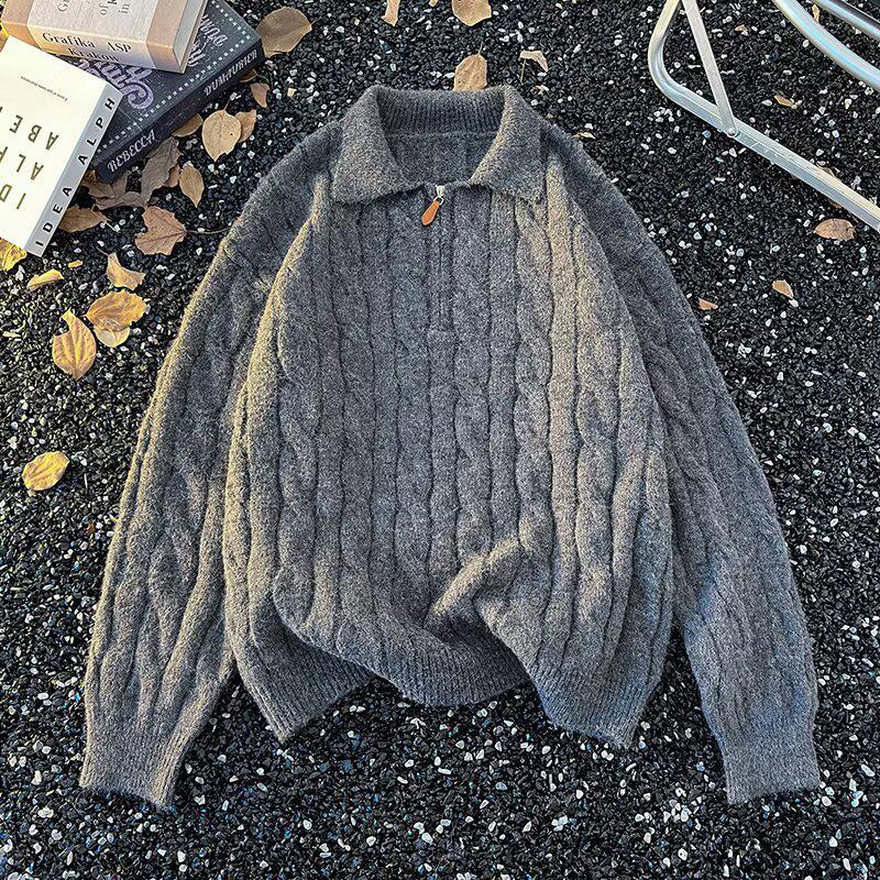 Japanese Literary Style Versatile Half-Zip Cable Knit Men's Sweater: Fashionable, Simple, and Trendy.