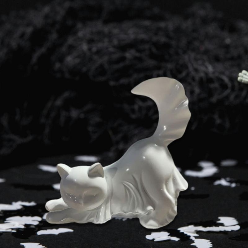 Ghostly Kitten Figurine Halloween Resin Animal Statue Decoration for Holiday Party Centerpieces Indoor and Outdoor Use