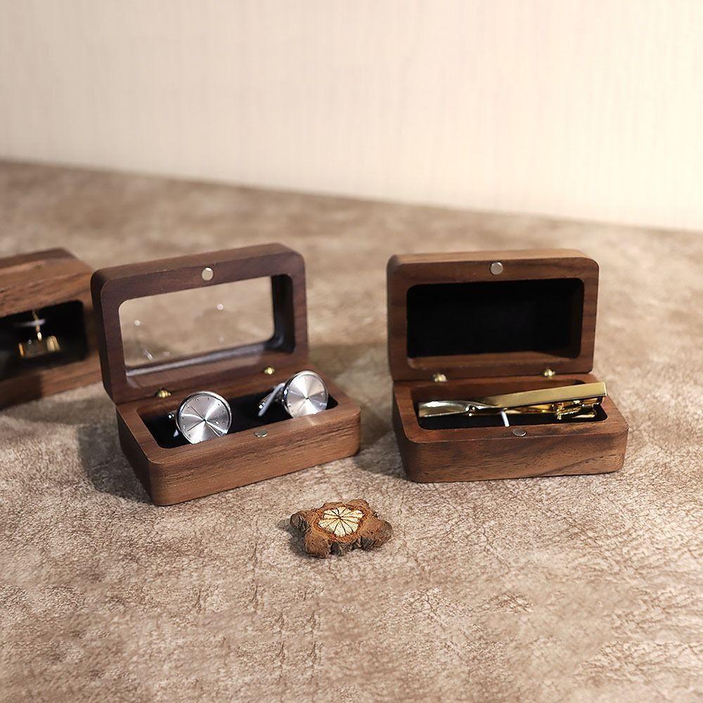 Double Slot Wooden Ring Box Opening Window Jewelry Ring Holder Black Walnut Cufflinks Box  Couples