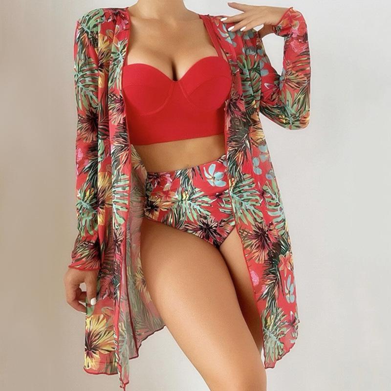 

Женский купальник-бикини из трех частей с высокой талией на 2025 год - Сексуальный и стильный Large красный