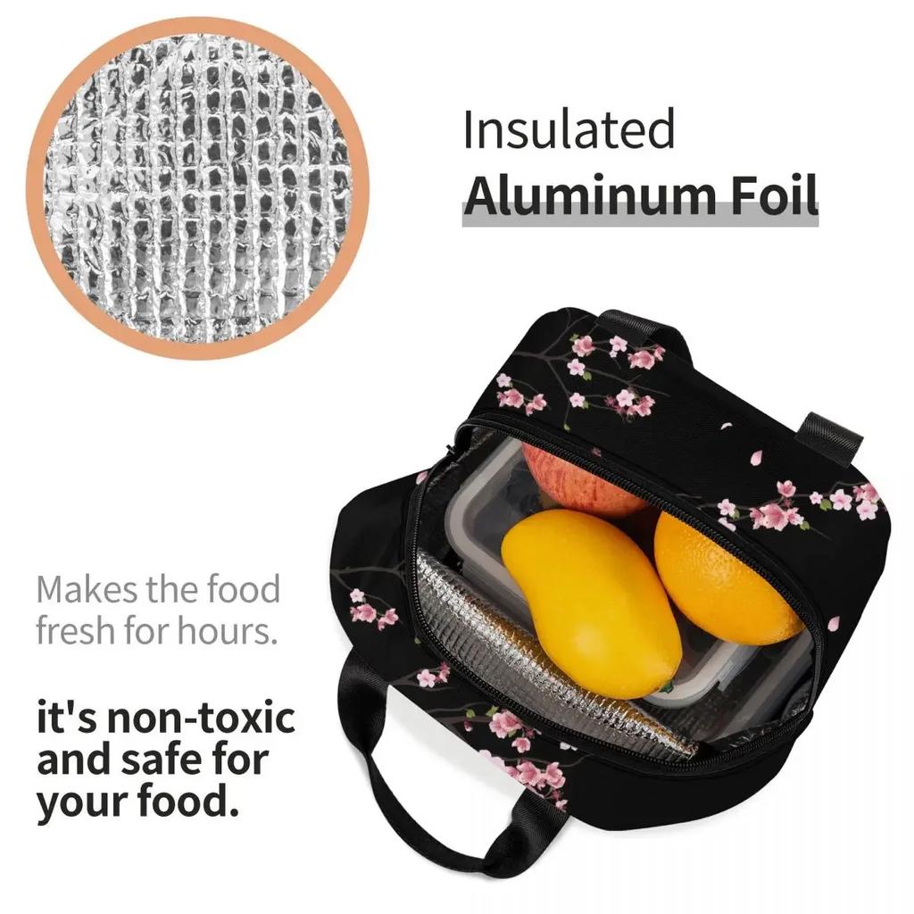 Japonská Sakura Větev Izolovaná taška na oběd pro ženy Přenosná Vodotěsná Květinová Květinová Třešňový květ Chladicí Termální Bento Box