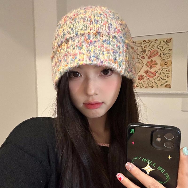 Sweet and Cute Rainbow Woolen Hat for Women Autumn and Winter Warm Ear Protection Big Head Hat Knitted Hat Fisherman Bucket Hat