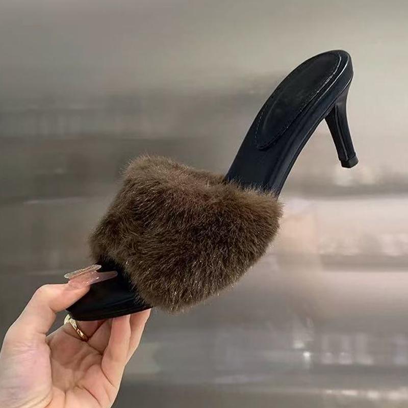 Fur Women High Heels Slippers Designer Shoes Dress Luxury Women Cotton Shoes 2025 Winter Elegant Sexy Zapatos Para Mujer
