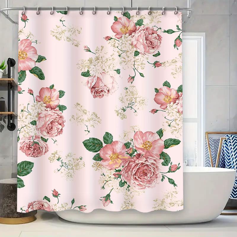 

Vintage Pink Floral Shower Curtain with Green Leaves Decorative Bathroom Waterproof Fabric European Style Modern Home Decoration 90x180cm