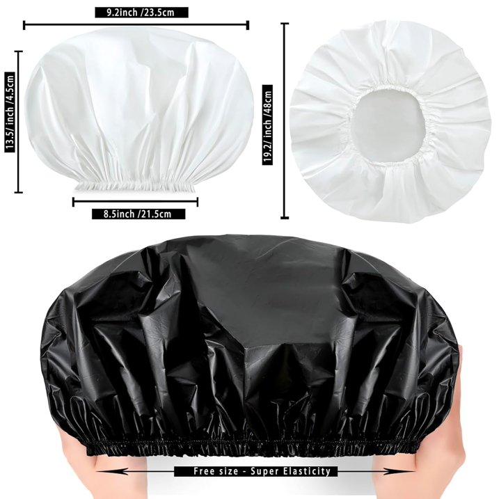 Two-Piece Extra-Large Waterproof Bath Cap Set, Reusable for Long Hair, Thick Curls, and Braided Styles (Black + White)