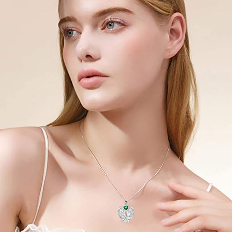 Silver Plated Angel Wings & Green Heart CZ Pendant Necklace, Romantic Box Chain Necklace for Women