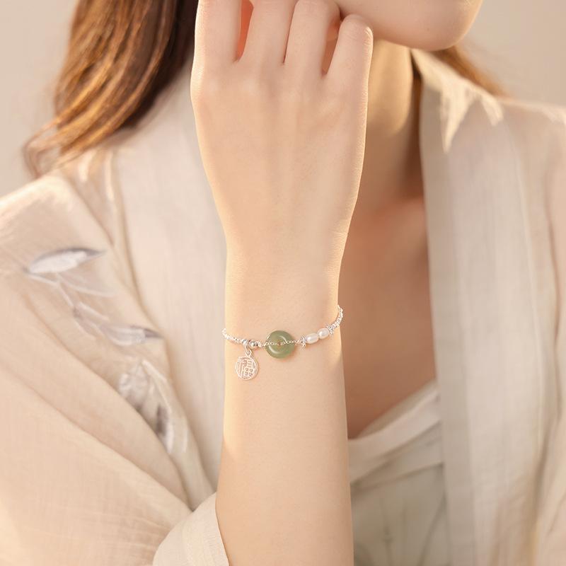 The Same Fuk Brand Safety Clasp Bracelet Women's Sterling Silver New Chinese Style China-Chic Style Hetian Jade Silver Pearl Bracelet