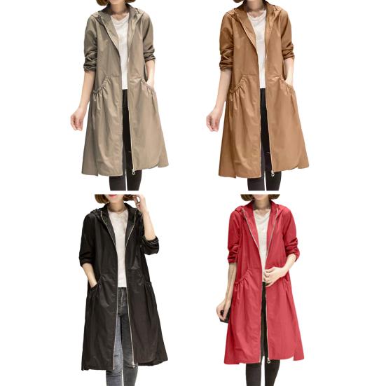 Damen Frühling Herbst Kapuzen Mittellang Windjacke Reißverschlussleiste Langarm Taschen Einfarbig