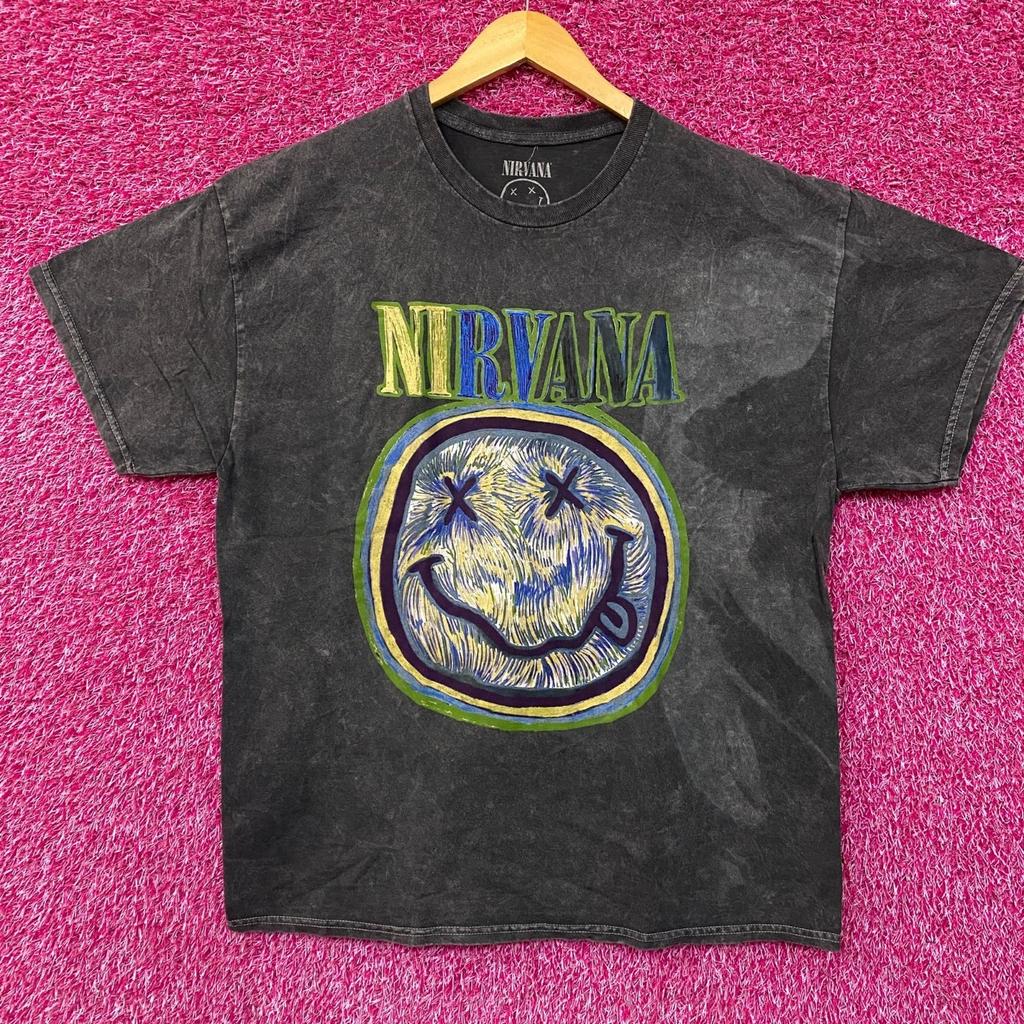 Nirvana Dead Smiley Face Acid Wash Grunge 100% Cotton T-shirt Mens Tees Top