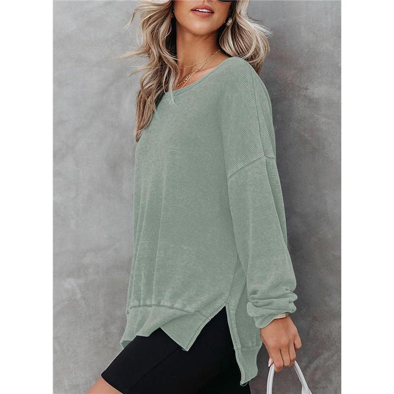 Women's Crew Neck Sweatshirt Loose Batwing Long Sleeve Pullover Irregular Hem Casual Blouse