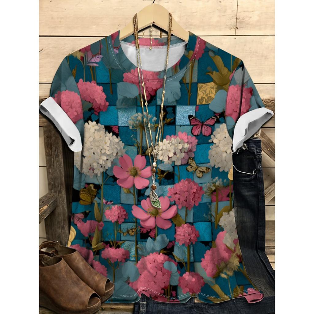 Summer Round Neck Flower Pattern 3D Print Top Fashionable Casual Short Sleeved Women's T-shirts
