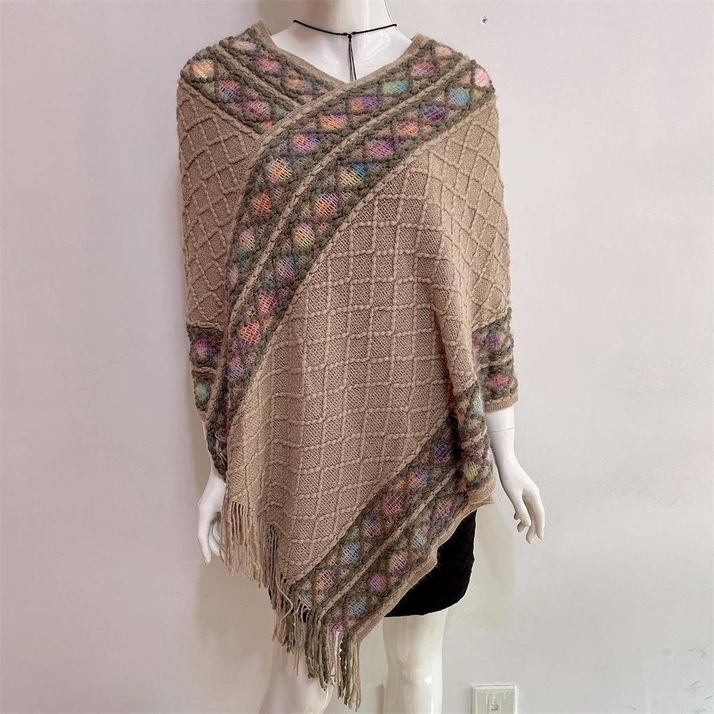 2022 Autumn/Winter Women's V-Neck Rainbow Tassel Cape Sweater