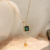 Women's Luxury Emerald Zircon Pendant Necklace, Stainless Steel Clavicle Chain