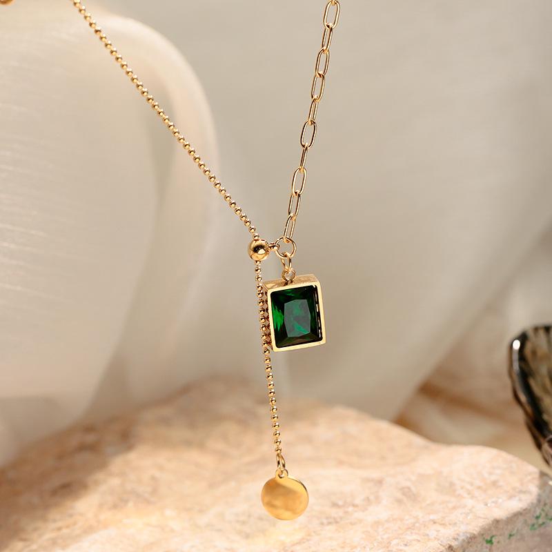 Women's Luxury Emerald Zircon Pendant Necklace, Stainless Steel Clavicle Chain