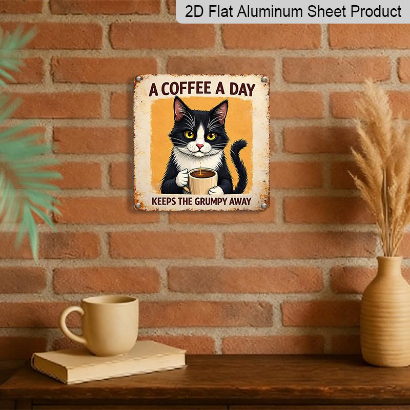 2D Flat - 1pc Cute Cat Decoration, A Fun Coffee Shop Sign Made of Vintage Aluminum, Perfect for Home Wall Decor, It Suits Country - Style Indoor and