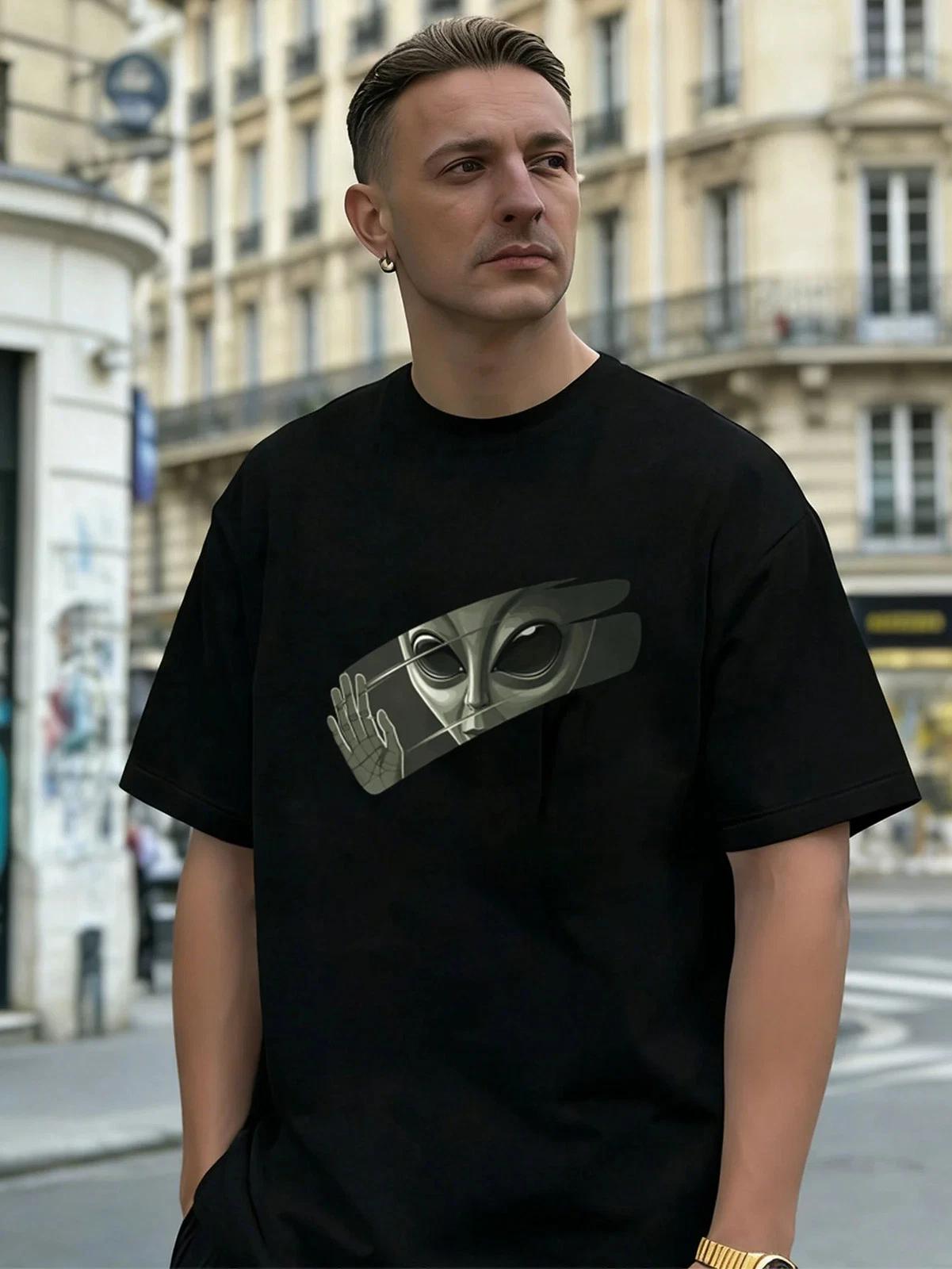 Alien Peeking Graphic 100% Cotton Men s T-Shirt, Suitable for Daily Streetwear L